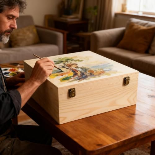 Large Unfinished Wooden Box 2 Pack Hinged Lid Pine Wood | 14x10.4x6.5/12x9x4.9 Inch, Storage Chests, Unpainted Crafts Organizer, 2 Sizes Boxes, For DIY Arts Gifts Jewelry Keepsake