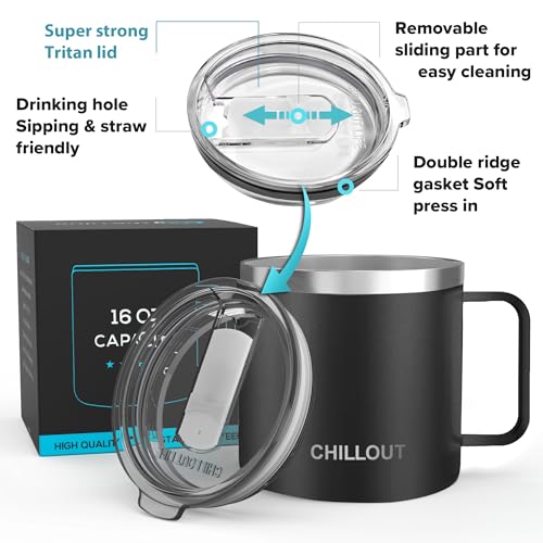 CHILLOUT LIFE Stainless Steel 16 oz Vacuum Insulated Coffee Mug with Handle and Lid, Large Thermal Camping Coffee Mug Cup with Durable Sliding Lid for Men & Women, Keeps your Beverages Hot &Cold - color: Black, size: 16 Ounces