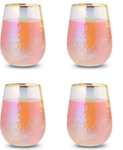 Rainbow Hammered Iridescent Stemless Wine & Water Glasses - Set of 4-100% Glass 15oz Mouthblown Colorful Pearl Glasses - Anniversaries, Birthday Gift, Cocktail Party Radiance - Water, Whiskey, Gift