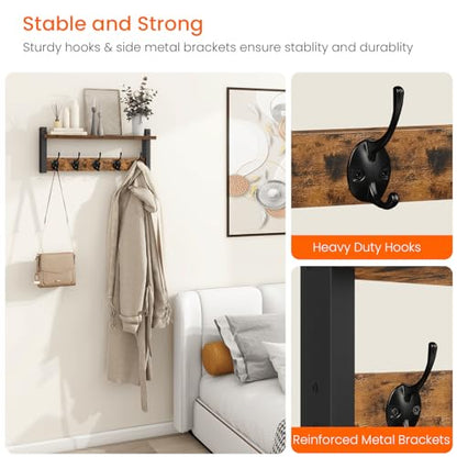Wall Hooks with Shelf, Wood Coat Rack with Shelf Wall-Mounted, Entryway Hanging Shelves with 5 Metal Hooks for Clothes Hats Towel Purse Robes, Bathroom Mudroom Bedroom, Rustic Brown Black - color: Rustic Brown, size: 17.1 Inch Long