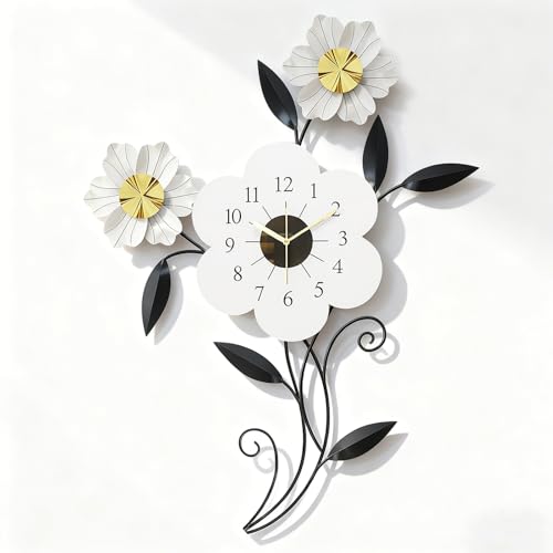 Large Flower Wall Clock, Modern Metal Wall Decor with Silent Quartz Movement, Artistic Floral Wall Art for Living Room Bedroom Office, Elegant Black White Gold Petal Design, 24" x 34.5"