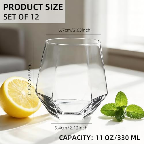 Stemless Wine Glasses Set of 12, 11 oz Diamond Wine Glasses | Geometric Glass Cups, Clear Glassware Tumblers for Red White Wine, Cocktail, Bourbon, Whiskey