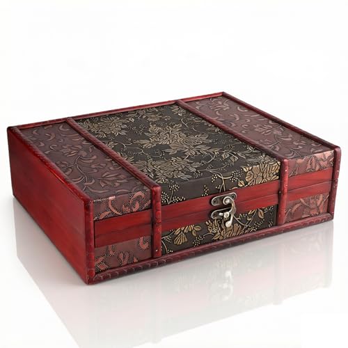 Vintage Wooden Storage Box,Treasure Chest with Lid and Alloy Lock,Decorative Treasure Box for Jewelry Souvenir and Book,Home Decor,Gift for Friends,11 x 8.5 x 3.2 Inch