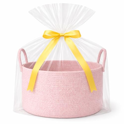 Large Gift Basket Empty to Fill Kit, Woven Rope Basket, Pink | Includes Gift Bag and Ribbon, Premium Woven Rope, Soft Yet Structured, Reusable for Throw Blankets, Kids and Nursery Storage - color: Blush Pink, size: Large