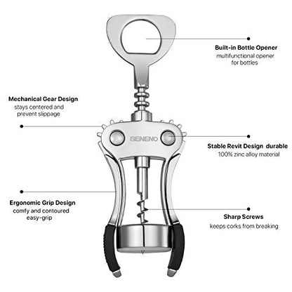 Beneno Wine Opener with Stainless Steel Wine Foil Cutter, Ash silver | Durable Solid Zinc Alloy Body, Upgraded Precise Sharp-Edged Screw, Ergonomic Wing Handle with Non-Slip Grip, Multifunctional - color: Ash silver
