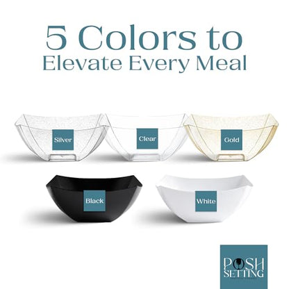 4 Pack Disposable Gold Plastic Serving Bowls Square Party Candy Use 32oz | Square Design. Disposable Party Tableware. Salad, Fruit & Candy Use. Candy Buffet Containers. Gold Plastic. - color: GOLD GLITTER, size: 32 OUNCE