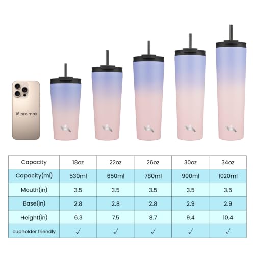 Konokyo 22 oz Insulated Tumbler Water Bottle with Straw Lid, Pastel Sunset | Stainless steel insulated tumbler for coffee, water and iced drinks; spill-proof lid, 2 straws, cup-holder friendly - color: Pastel Sunset, size: 22 Ounces