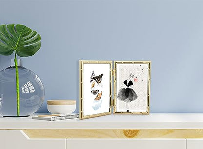 YiPinYin 4x6'' Bamboo Detail Double Photo Frames, Gold Metal Picture 6x4'' Double, Elegant Gold Thin Edge Photo Frames 4 x 6'' With Soft Touch Velvet Backing and Real Glass for Desktop - color: Gold, size: 4x6Inch Double