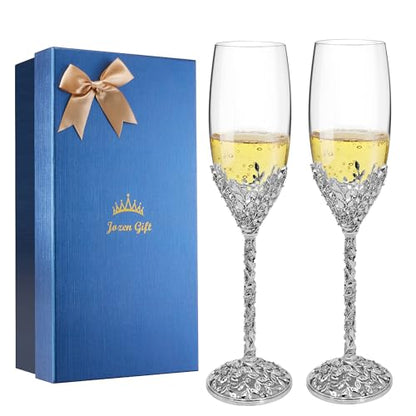 Silver Champagne Flutes -His and Hers,Wedding Toasting Glasses for Engagement Celebrations, Bridal Shower and Registry Idea, Tall Wine Glasses for Bride and Groom Gifts,7oz (Chrome) - color: Chrome