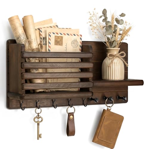 Rebee Vision Key Holder Wall Mount with Mail Slot for Home Decor, Brown | Pine Wood, Round Corner, 8 Key Hooks, Key Holder for Wall, Mail Organizer, Bill Storage, Home Aesthetic - color: Brown