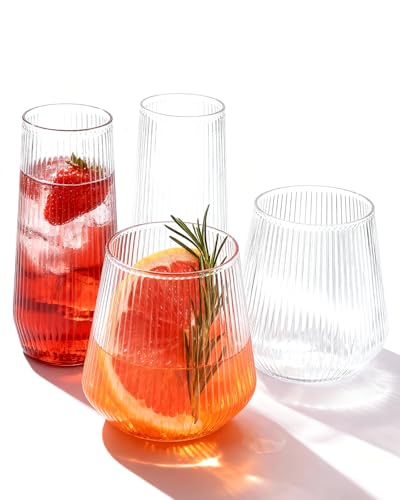 BESTSTAR 48 Pack Clear Disposable Ribbed Origami Ripple Plastic Glasses Set | 24 9OZ Stemless Champagne Flutes & 24 12OZ Cups, BPA-Free Shatterproof Clear Drinkware for Weddings, Parties & Events - color: Clear Ribbed