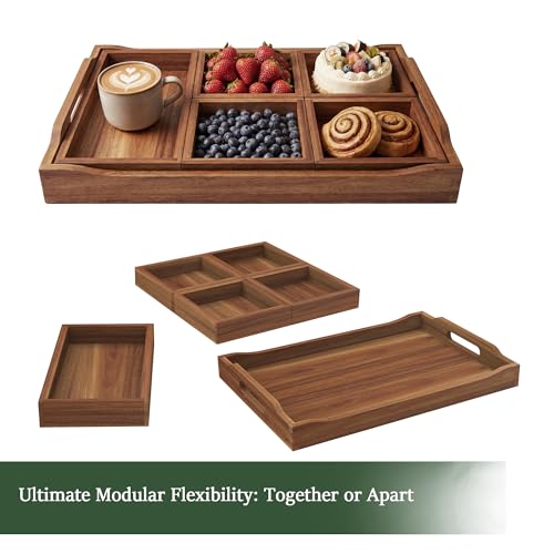 Serving Tray with 5 Removable Snack Boxes,Acacia Wood Snack Tray for Parties and Entertaining, Movie Night, Coffee Table and Charcuterie Serving - color: Acacia Wood-2