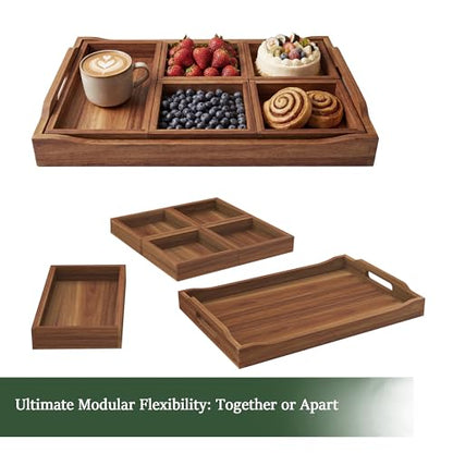Serving Tray with 5 Removable Snack Boxes,Acacia Wood Snack Tray for Parties and Entertaining, Movie Night, Coffee Table and Charcuterie Serving - color: Acacia Wood-2