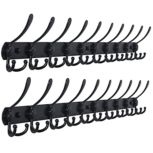 Coat Rack Wall Mount - 38” Long 10-Tri-Hooks Heavy Duty Coat Hanger Rail Wall Hooks for Hanging Coats Hats Clothing Clothes Purse Mudroom Entryway, Black, Pack of 2 - color: Black, size: L=38” (2 Pcs)