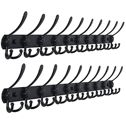 Coat Rack Wall Mount - 38” Long 10-Tri-Hooks Heavy Duty Coat Hanger Rail Wall Hooks for Hanging Coats Hats Clothing Clothes Purse Mudroom Entryway, Black, Pack of 2 - color: Black, size: L=38” (2 Pcs)