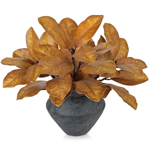 Briful Artificial Magnolia Leaves Stems 3 Pack 22in Yellow Brown Fake Magnolia Branches for Vase Fall Leaves Stems for Home Room Arrangements Centerpieces Thanksgiving Décor (Vase Not Included) - color: Golden Yellow