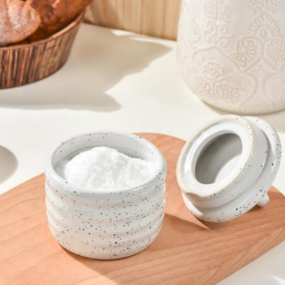 Salt Cellar Keeper with Ceramic Lid, Big Capacity Ceramic Sugar Bowls Pepper Box, Speckled Glaze Seasoning Container Condiment Pot for Kitchen (White) - color: White