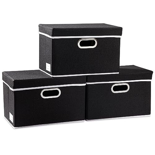 Foldable Storage Box with Lid [3-Pack] Fabric Collapsible Storage Bin Organizer Container Basket Cube with Cover for Home Bedroom Closet Office Nursery Black (14.9x9.8x9.8) - color: Black, size: M(3-Pack)