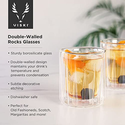 Viski Double Walled Rocks Glasses - Insulated Whiskey Tumblers with Cut Crystal Design - Dishwasher Safe 10.5oz Set of 2 - style: Double Walled Rocks