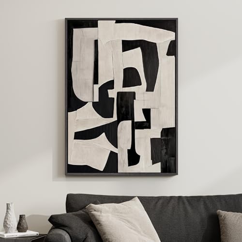 Framed Neutral Abstract Wall Art, Modern Black and Beige Canvas Prints Paintings Artwork for Walls, Minimalist Black White Pictures for Living Room, Hallway, Dining Room, Bedroom Wall Decor 24x36 In - color: Black White Geometric A