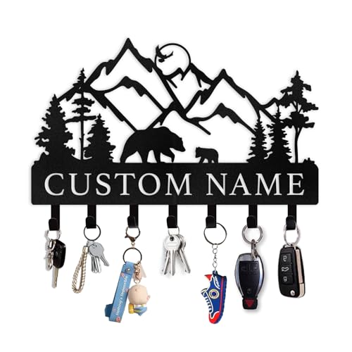 Personalized Key Holder for Wall - Custom Name Metal Black Bear Coat Hook | Key Holder Wall Mount, Forest Mountain Key Hooks on Wall, Key Rack Hanger Organizer for Entryway Door Hallway Home Decor - color: 03 Mountain & Bear
