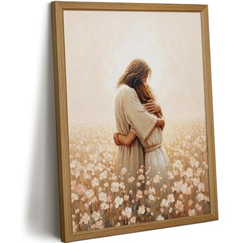 Jesus Hugging Woman Wall Art Christian Poster Religious Canvas Wall Decor Christ Lds Pictures Jesus Embracing Girl Prints Modern Painting for Living Room Bedroom 8x10 Inch Framed - color: Hugging Art, size: 10"L x 8"W