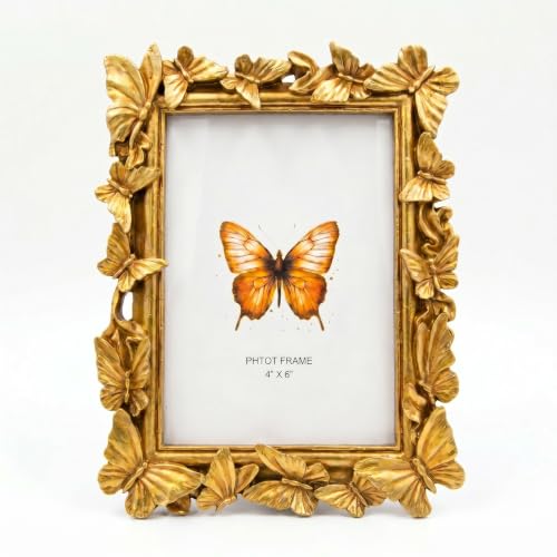 Gold 4x6 Vintage Picture Frames Golden Butterfly Elegant Retro European Design, Antique Photo Frame for Wall Hanging and Tabletop Display, Retro Design Home Decor - color: Gold, size: 4X6