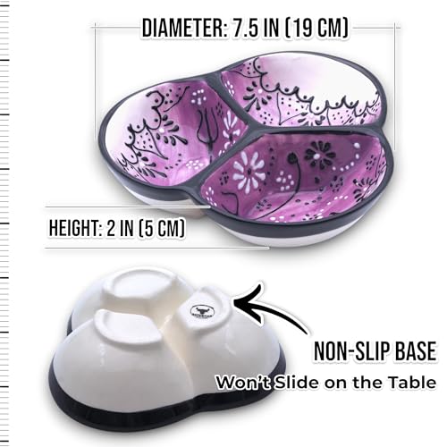 3-Compartment Ceramic Serving Dish, Handmade in Spain | 7.5” divided chip and dip bowl with lead-free glaze, microwave, oven and dishwasher safe, ideal for tapas, snacks and sauces - color: Onyx Lilac