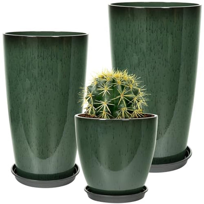 Neoaider Set of 3 Tall Planter, 24/21/12in Large Plastic Planter, DarkGreen | Ceramic-Look, Lightweight, Built-in Drain Hole, Saucers, Tall Outdoor Planter for Porch, Garden, Patio, Balcony - color: Dark Green