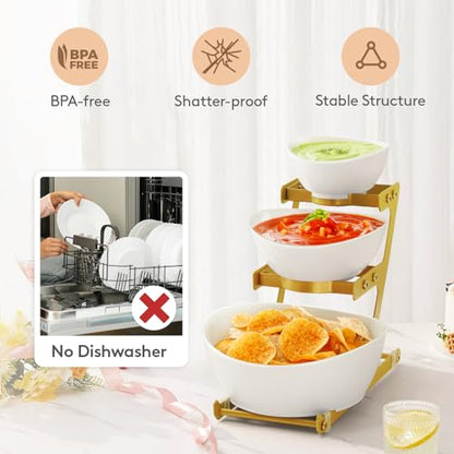 Lifewit 3 Tier Plastic Serving Bowls for Party, Chip and Dip Serving Set | Tiered Serving Tray with Gold Metal Stand for Fruit, Snack, Crack-Proof Platter for Buffet Display, Party Hosting Essentials - color: Gold