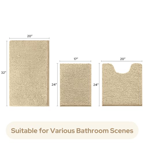 HOMEIDEAS 3 Pieces Bathroom Rugs, Ultra Soft Non Slip Absorbent Chenille Toilet Bath Mat Set (Beige) - color: Beige-beige, size: 17"x24"+20"x32"+U Shape 20"x24"