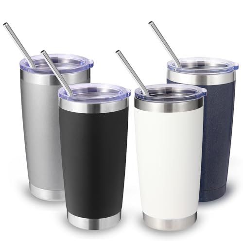 Volhoply 20oz Stainless Steel Tumbler with Lid and Straw Bulk 4 Pack,Double Wall Insulated Travel Iced Coffee Mug Fits Cup Holder,Powder Coated Cups for Hot/Cold Drinks,Gifts for Women（Mix,4 Set） - color: Mix