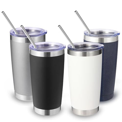 Volhoply 20oz Stainless Steel Tumbler with Lid and Straw Bulk 4 Pack,Double Wall Insulated Travel Iced Coffee Mug Fits Cup Holder,Powder Coated Cups for Hot/Cold Drinks,Gifts for Women（Mix,4 Set） - color: Mix