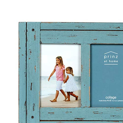 Prinz Homestead Blue 3-Opening Collage Picture Frame 4x6 Photos - Distressed Wood Two-Way Easel Wall Tabletop Display - color: Distressed Blue