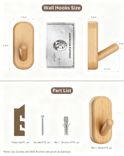 Wooden Wall Hooks for Hanging - 4 Pack Heavy Duty Coat Hooks Wall Mount- Solid Natural Wood Hat, Bag, Backpack & Towel Hooks - Modern Key Holder for Bathroom & Entryway (Beech) - color: Beech