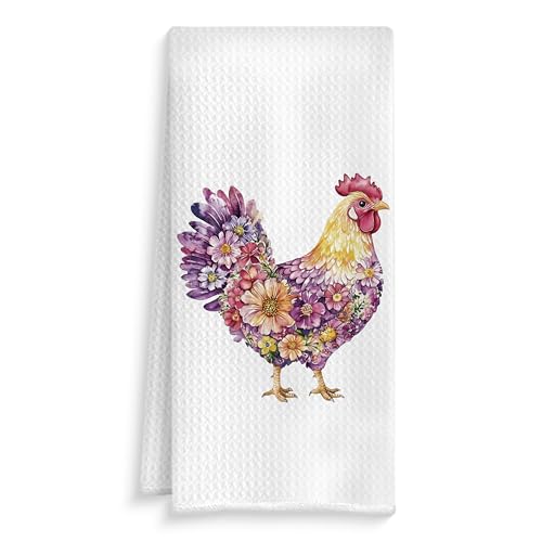 Rustic Purple Floral Rooster Kitchen Towels, Gifts for Chicken Lovers Dish Tea Towels, Farmhouse Flower Chicken Decorative Hand Towel for Bathroom Kitchen, 16x24 Inch - color: Style5