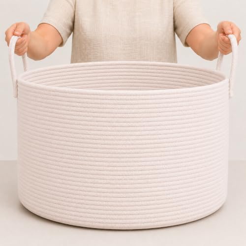OrganiHaus Round Toy Basket & Blanket Basket, Cotton Rope 20x13" | Full Off-White - Round Cotton Rope Basket, 20x13" - color: Full Off-White, size: Wide