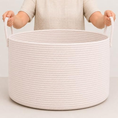 OrganiHaus Round Toy Basket & Blanket Basket, Cotton Rope 20x13" | Full Off-White - Round Cotton Rope Basket, 20x13" - color: Full Off-White, size: Wide