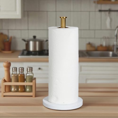 YIGII Marble Base Paper Towel Holder Countertop, Standing Paper Towel Holder with 15-Minute Magnetic Sand Timer, Papertowel Rack for Standard or Jumbo-Sized Roll Paper - style: Gold & White Marble