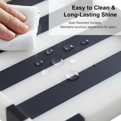 Striped Marble Tray 12", Black White Stone Vanity Organizer | Natural Marble, Bold Striped Veining, for Jewelry and Perfume, on Bathroom Vanity and Dresser, Non-Slip Base - color: Black & White