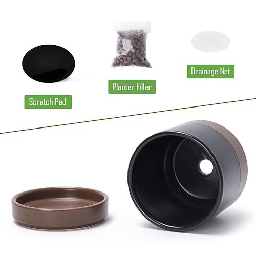 D'vine Dev 4-Pack Ceramic Pots with Saucers, Black/Tan, 4.7 in, 94-X-B-7 | Glazed Ceramic, Drainage Hole and Saucer, Sleek Cylinder Shape, High Temperature Fired, Ideal for Small Houseplants - color: Black/Speckled Tan, size: 4.7 Inch