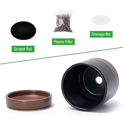 D'vine Dev 4-Pack Ceramic Pots with Saucers, Black/Tan, 4.7 in, 94-X-B-7 | Glazed Ceramic, Drainage Hole and Saucer, Sleek Cylinder Shape, High Temperature Fired, Ideal for Small Houseplants - color: Black/Speckled Tan, size: 4.7 Inch