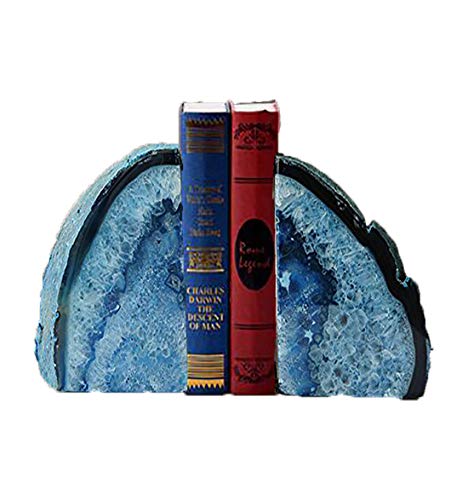 JIC Gem Blue Agate Geode Bookends Heavy Duty Hippo bookends 1 Pair 3-4Lbs | Decorative Gemstone Stoppers with Non-Skid Rubber Bumpers for Shelves Home&Office Tabletop Decor Unique Crystal Supports Gift - color: Blue Dyed, size: 3-4LBS.