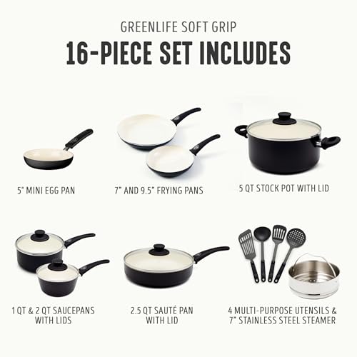 GreenLife 16 Piece Ceramic Nonstick Pots & Pans Cookware Set, Black & Cream | PFAS-Free Nonstick Coating, Stockpot, Frying Pans, Saucepans, Sauté Pan, Stay-Cool Handles, Dishwasher & Oven Safe up to 350F - color: Graphite Black, style: Soft Grip