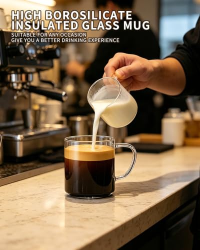 LUXU Glass Coffee Mugs, 14 oz Ice coffee cups,Clear Tea Cups Set of 4 | Heat Resistant and Explosion-Proof Glass Coffee Cups,Borosilicate Glass Mugs with Handles for Hot/Cold Beverages,Americano - style: 14 oz clear coffee mugs