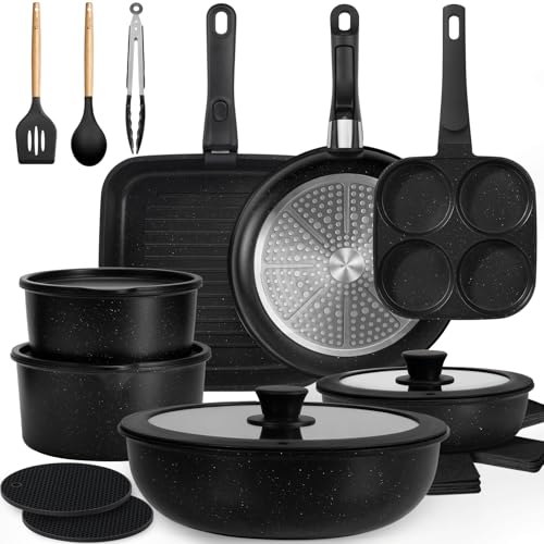 KIKCOIN Nonstick Pots and Pans Set 24 Pack - Kitchen Cookware Set with Detachable/Removable Handle - Cooking Pans Set with Frying Pans, Egg Pan - Stackable, Oven Safe, Induction Ready - color: Black, size: 7 inches