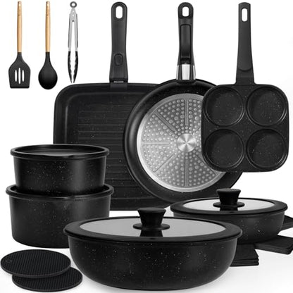 KIKCOIN Nonstick Pots and Pans Set 24 Pack - Kitchen Cookware Set with Detachable/Removable Handle - Cooking Pans Set with Frying Pans, Egg Pan - Stackable, Oven Safe, Induction Ready - color: Black, size: 7 inches