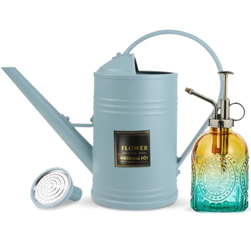 0.5 Gallon Small Watering Can for Outdoor Indoor Plants for House Plants, 12 oz Glass Plant Mister Spray Bottle for Bonsai Garden Flowers (Blue) - color: Blue