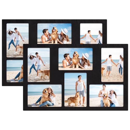 YESKAY Picture Frame Collage 4x6 Set of 2,6 Opening 4 x 6 Wood Frame with Real Glass Display Multiple Family Photos for Wall Decor,Rustic Black(OD:11X17in) - color: Rustic Black, size: 4x6-6 Opening(OD:11x17in)