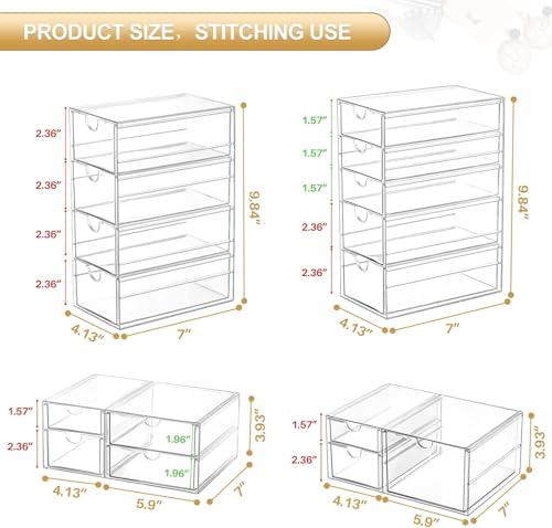 4-Pack Acrylic 16-Drawer Storage & Makeup Organizer for Desk | Smooth-glide drawers, clear acrylic, stackable, dustproof, wipe clean, for office supplies, pens, jewelry, makeup - size: 16 Drawers